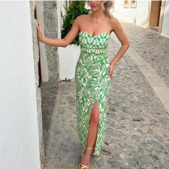 NEW Zara Linen Blend Strapless Midi Dress with Tropical Print, Size S - Picture 2 of 16